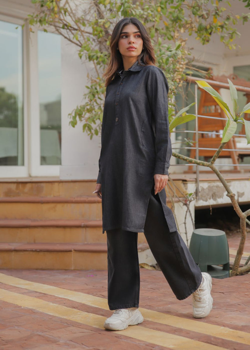 Women's Denim Kurta in Charcoal Grey