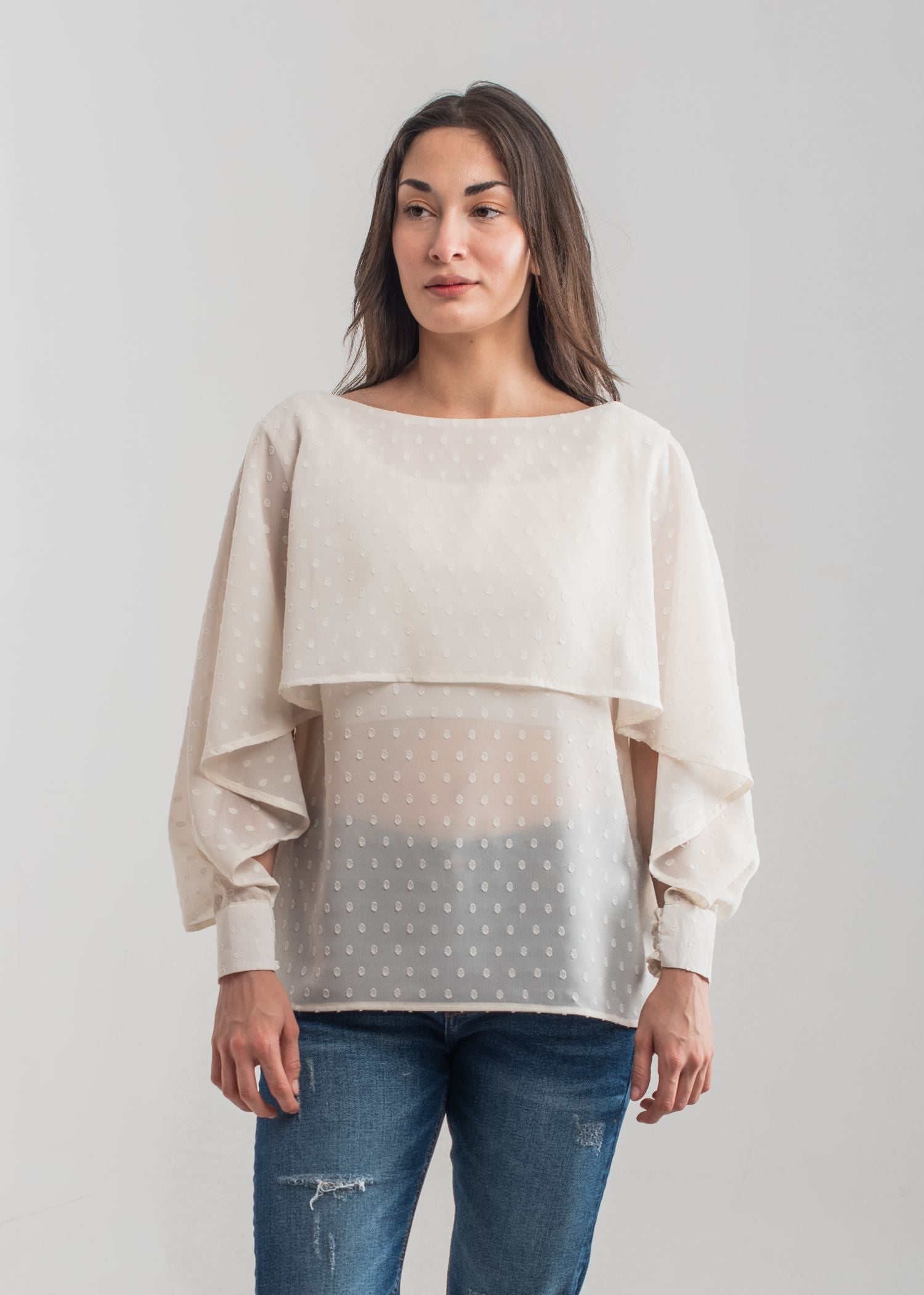 Ladies Ivory Textured Layered Wing Top Made with Breathable Georgette Fabric