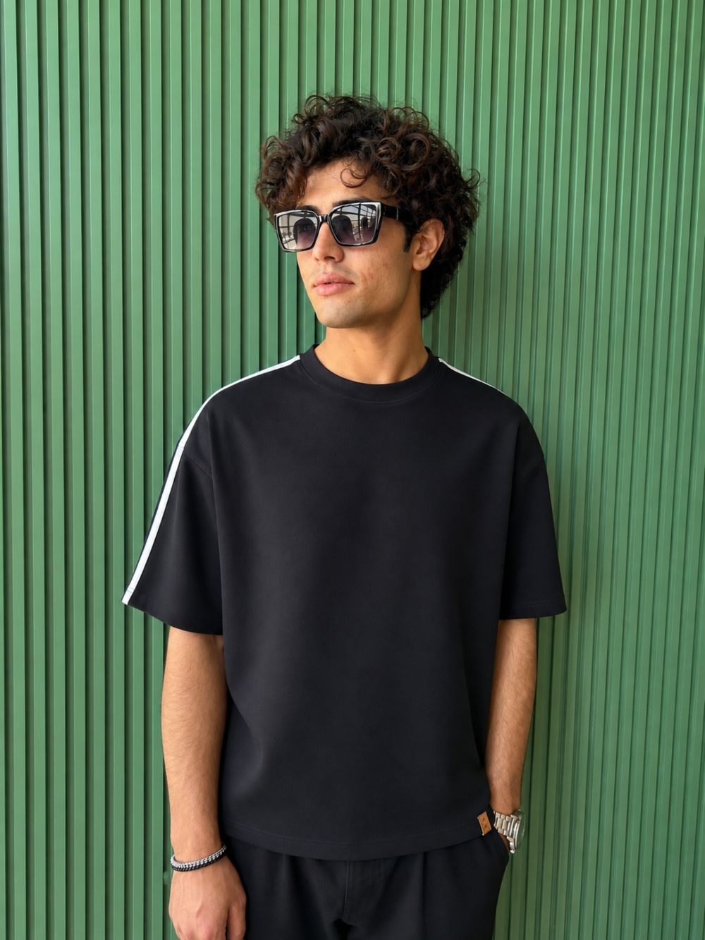 Black Boxy Fit Tshirt with Stripes from shoulder to sleeve by 1947 Clothing