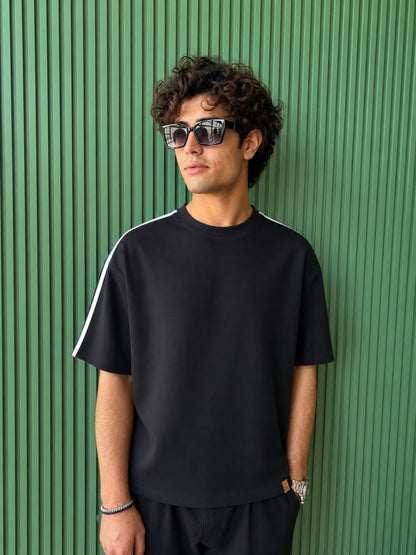 Black Boxy Fit Tshirt with Stripes from shoulder to sleeve by 1947 Clothing