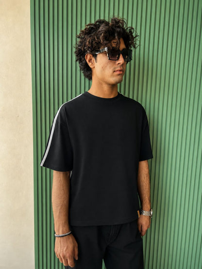 Black Boxy Fit Tshirt with Stripes from shoulder to sleeve by 1947 Clothing