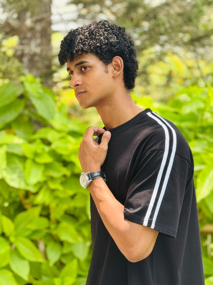 Black Boxy Fit Tshirt with Stripes from shoulder to sleeve by 1947 Clothing