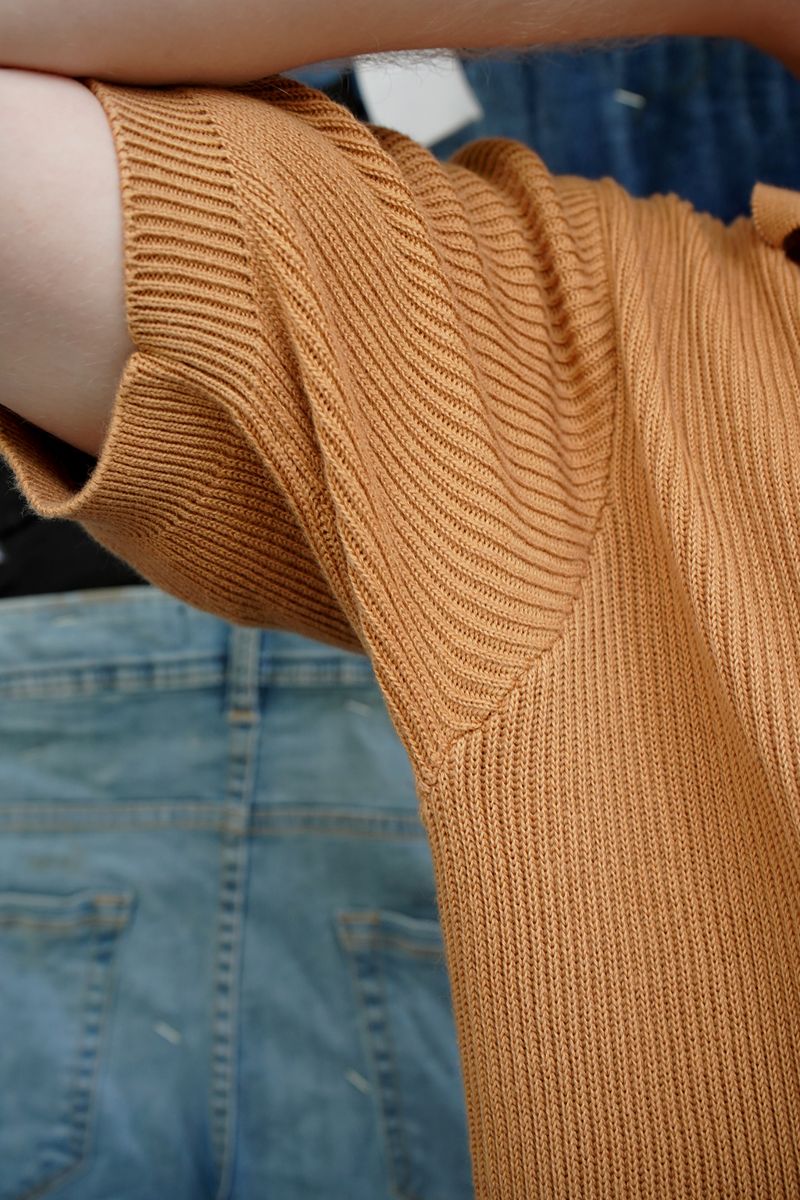 Close-up of Khaki Knitted Short-Sleeve Polo Shirt for Men by 1947 Clothing