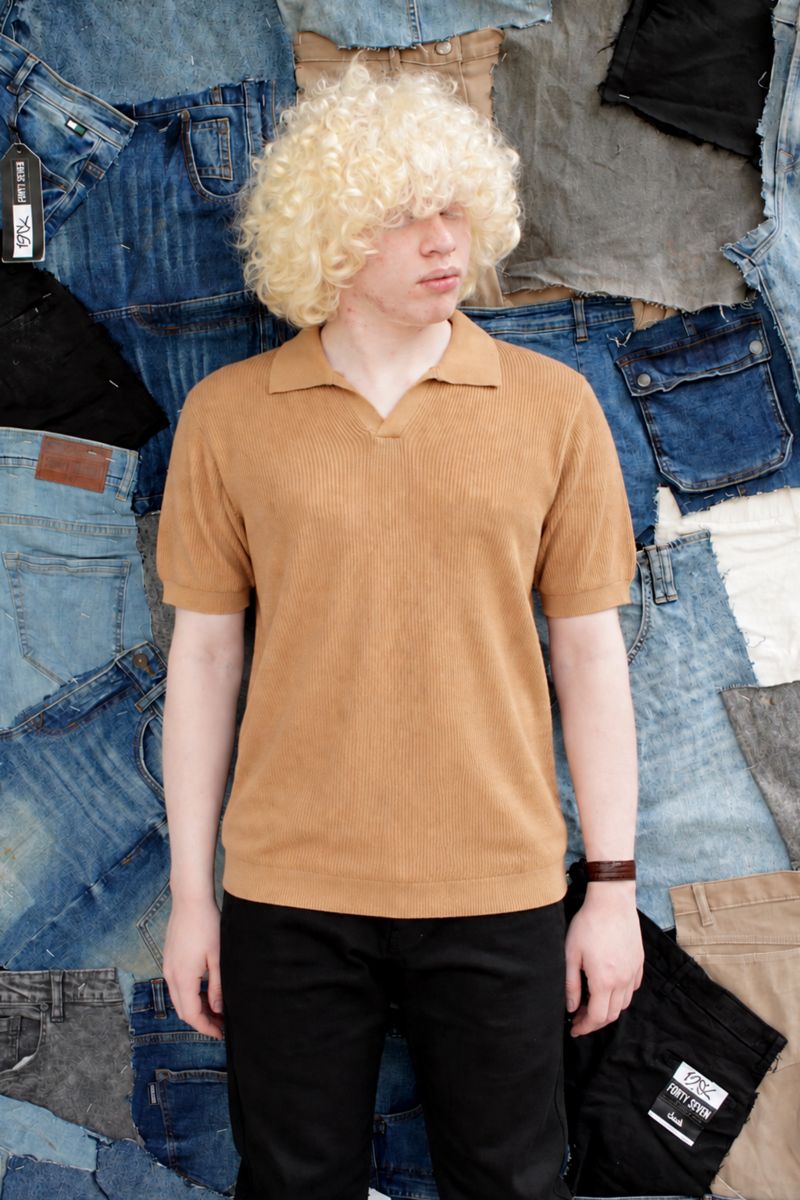 Front View of Khaki Knitted Short-Sleeve Polo Shirt for Men by 1947 Clothing