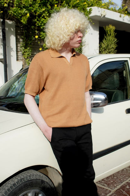 Khaki Knitted Short-Sleeve Polo Shirt for Men by 1947 Clothing