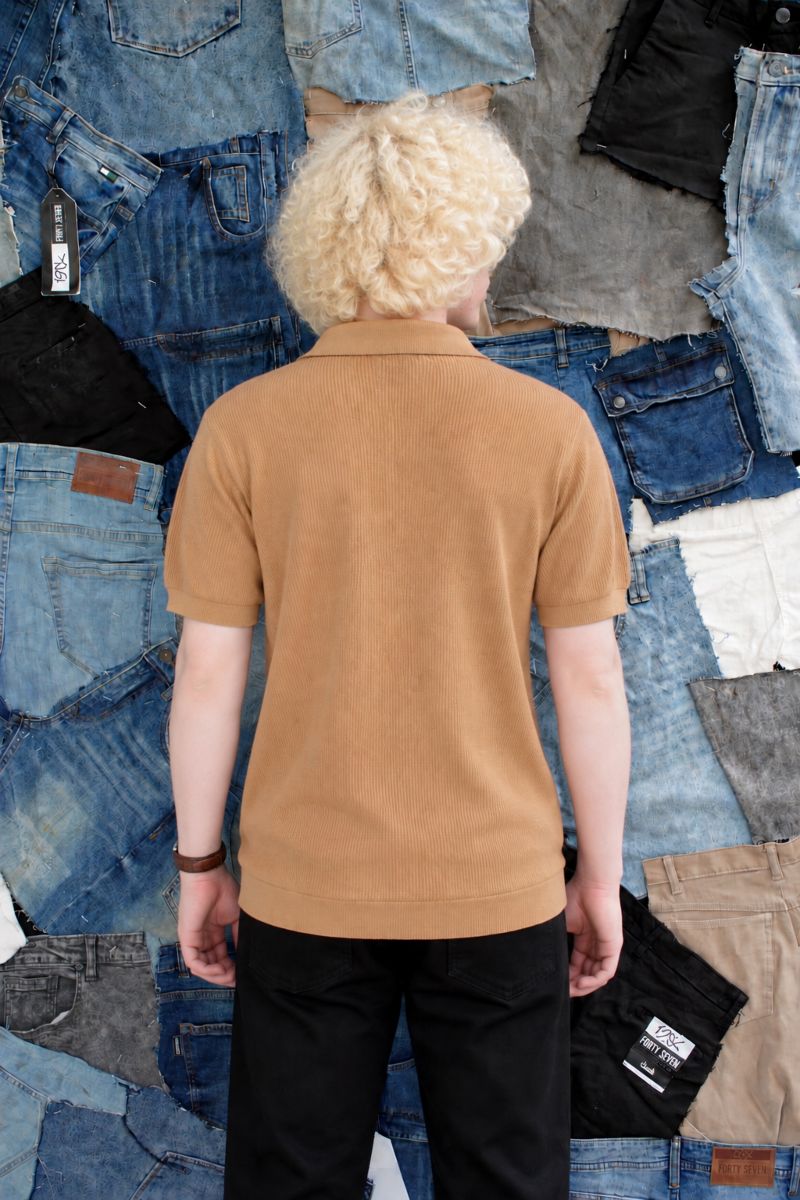 Back View of Khaki Knitted Short-Sleeve Polo Shirt for Men by 1947 Clothing
