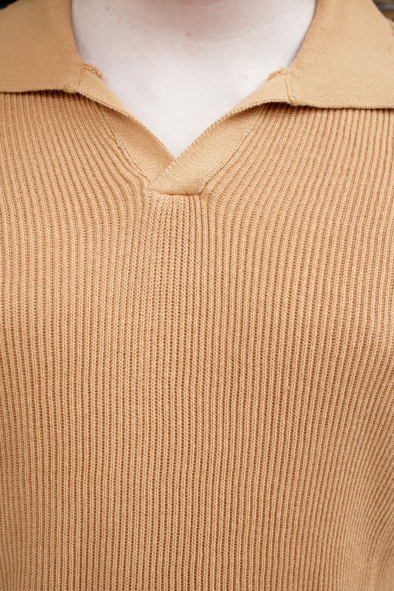 Close-Up of Khaki Knitted Short-Sleeve Polo Shirt for Men by 1947 Clothing