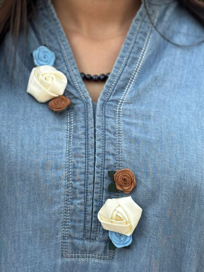 Ice Blue Denim Mid Length Shirt with Tulip Trouser made from light weight denim by 1947 Clothing