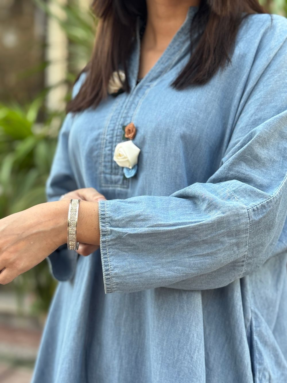 Ice Blue Denim Mid Length Shirt with Tulip Trouser made from light weight denim by 1947 Clothing