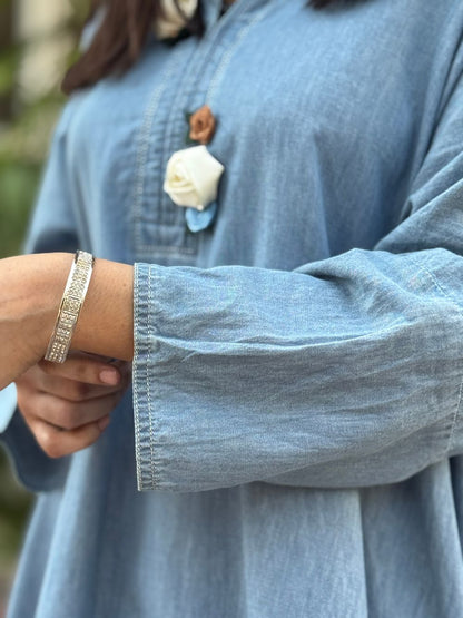 Ice Blue Denim Mid Length Shirt with Tulip Trouser made from light weight denim by 1947 Clothing