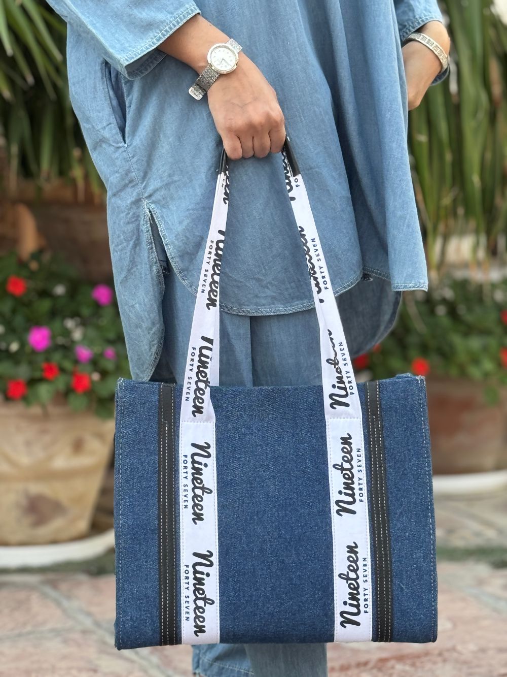 Ice Blue Denim Mid Length Shirt with Tulip Trouser made from light weight denim by 1947 Clothing