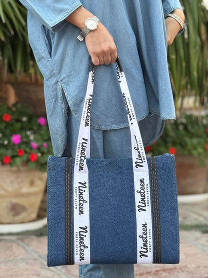 Ice Blue Denim Mid Length Shirt with Tulip Trouser made from light weight denim by 1947 Clothing