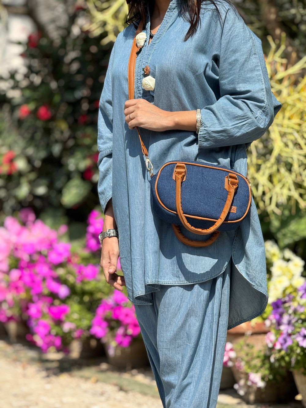 Ice Blue Denim Mid Length Shirt with Tulip Trouser made from light weight denim by 1947 Clothing