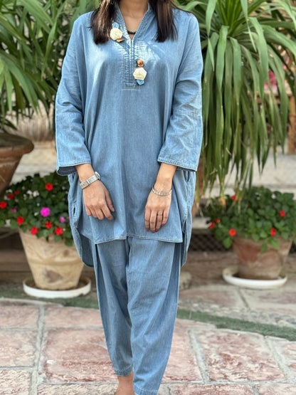 Ice Blue Denim Mid Length Shirt with Tulip Trouser made from light weight denim by 1947 Clothing