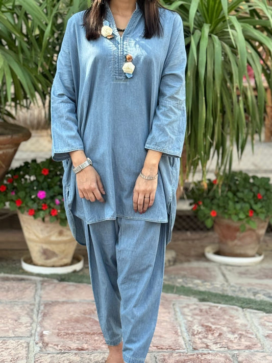 Ice Blue Denim Mid Length Shirt with Tulip Trouser made from light weight denim by 1947 Clothing