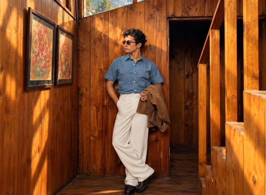 Relaxed Fit Denim Shirt with White Denim Pants