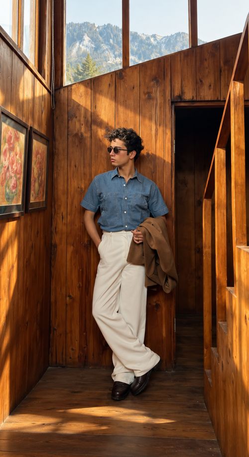Relaxed Fit Denim Shirt with White Denim Pants