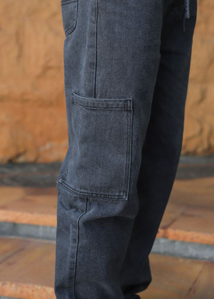 Men’s Relaxed Fit Charcoal Black Jogger Jeans with Drawstring Waist and Washed Denim Finish