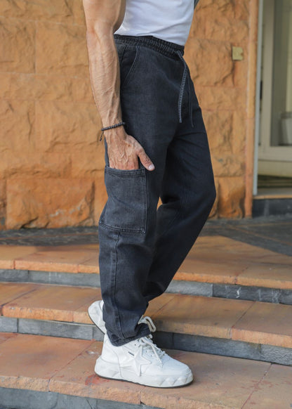 Men’s Relaxed Fit Charcoal Black Jogger Jeans with Drawstring Waist and Washed Denim Finish