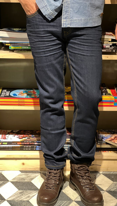 Men’s Slim Fit Dark Blue Jeans with Washed Denim Finish and Stacked Hem Styling