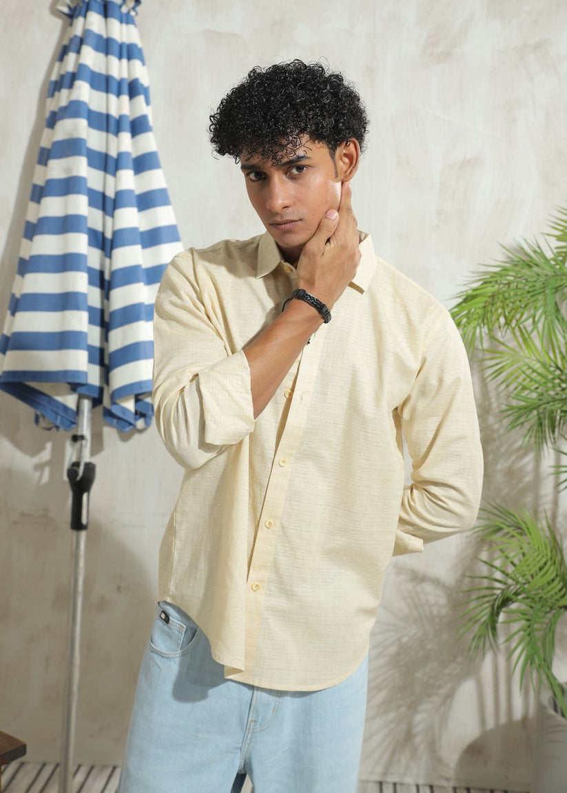 Men's beige casual shirt with regular fit and breathable fabric look