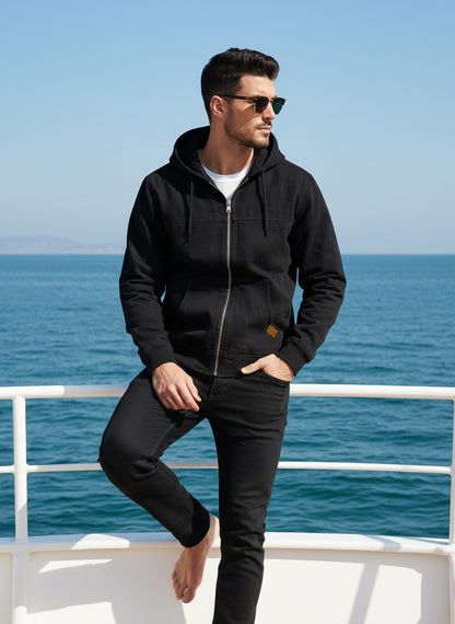 Men's black denim hoodie with front zipper and pockets