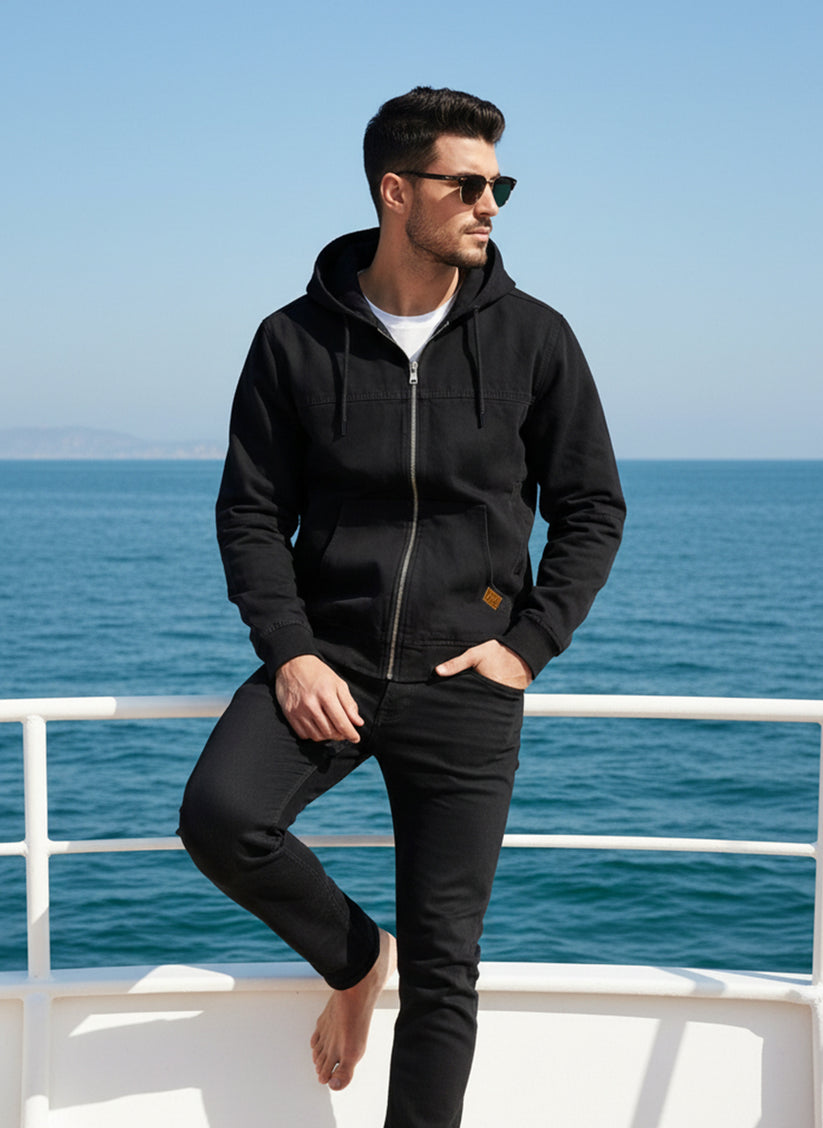 Men's black denim hoodie with front zipper and pockets