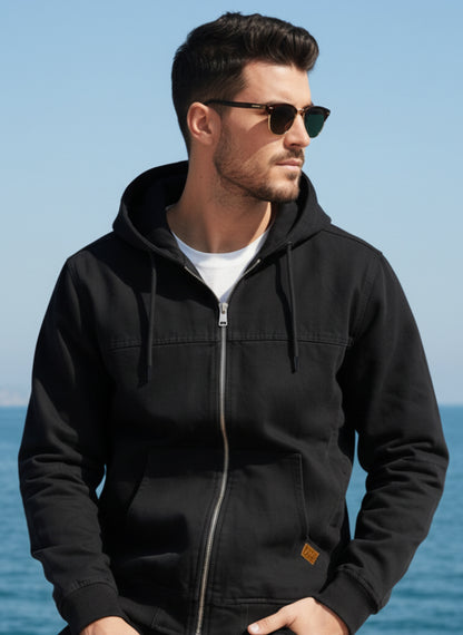 Men's black denim hoodie with front zipper and pockets