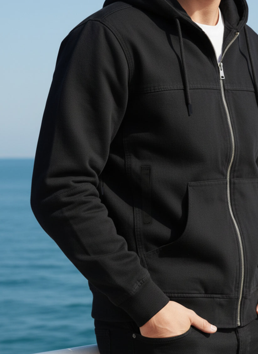 Men's black denim hoodie with front zipper and pockets