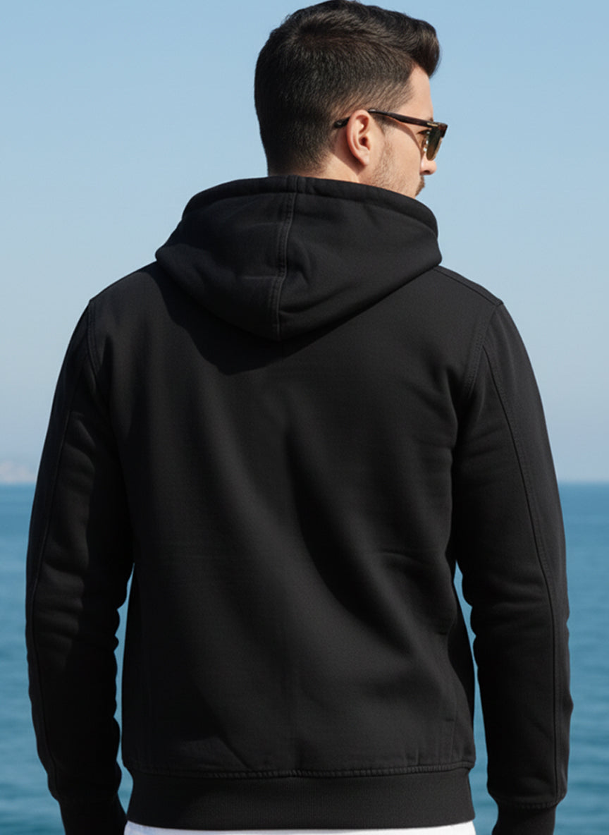 Men's black denim hoodie with front zipper and pockets