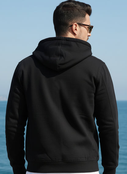Men's black denim hoodie with front zipper and pockets