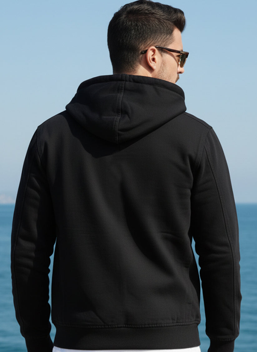 Men's black denim hoodie with front zipper and pockets