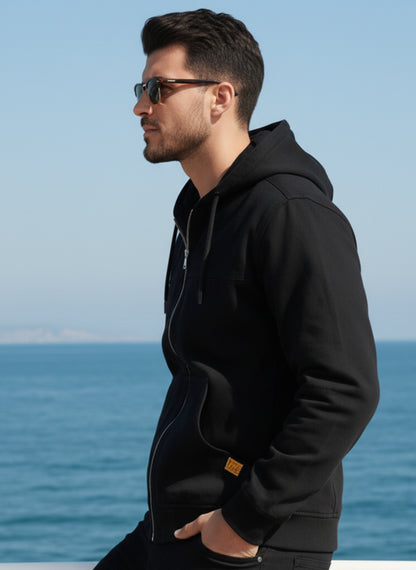 Men's black denim hoodie with front zipper and pockets