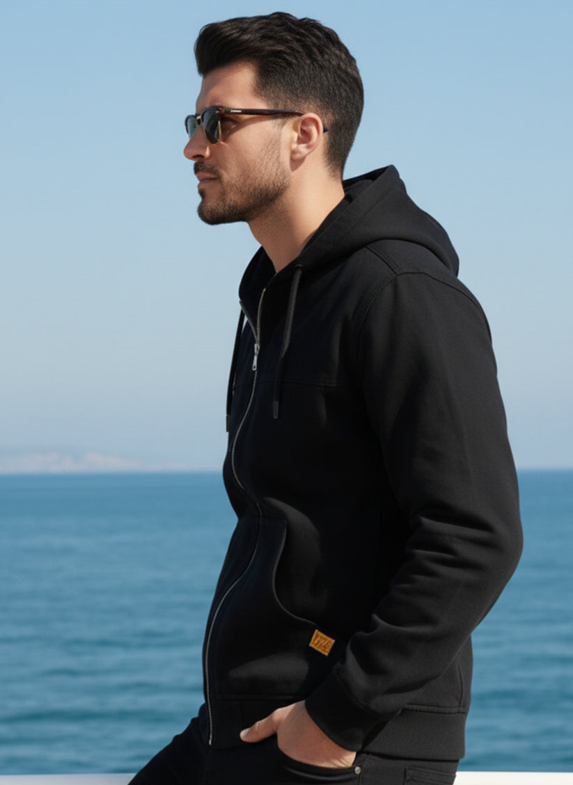 Men's black denim hoodie with front zipper and pockets