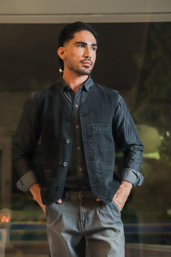 Men's black denim waistcoat with button front