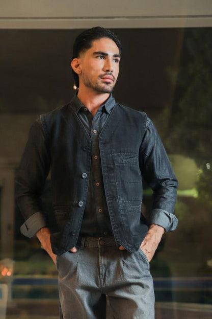 Men's black denim waistcoat with button front