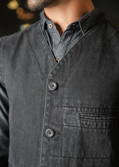 Men's black denim waistcoat with button front