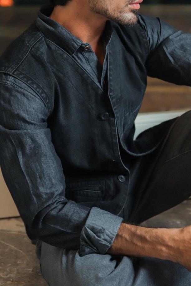 Men's black denim waistcoat with button front