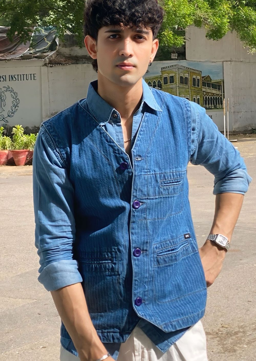 Men's blue striped denim waistcoat with button front