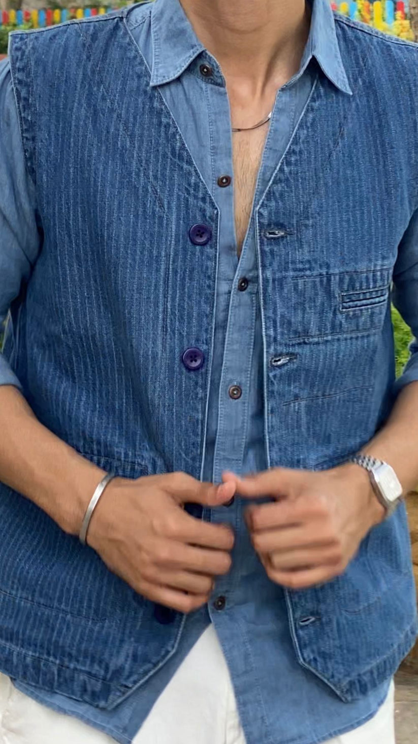 Men's blue striped denim waistcoat with button front