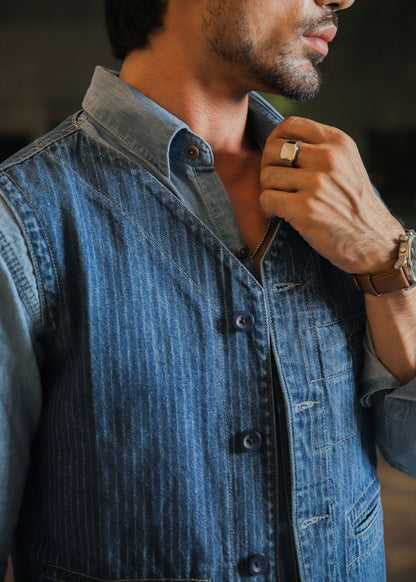 Men's blue striped denim waistcoat with button front