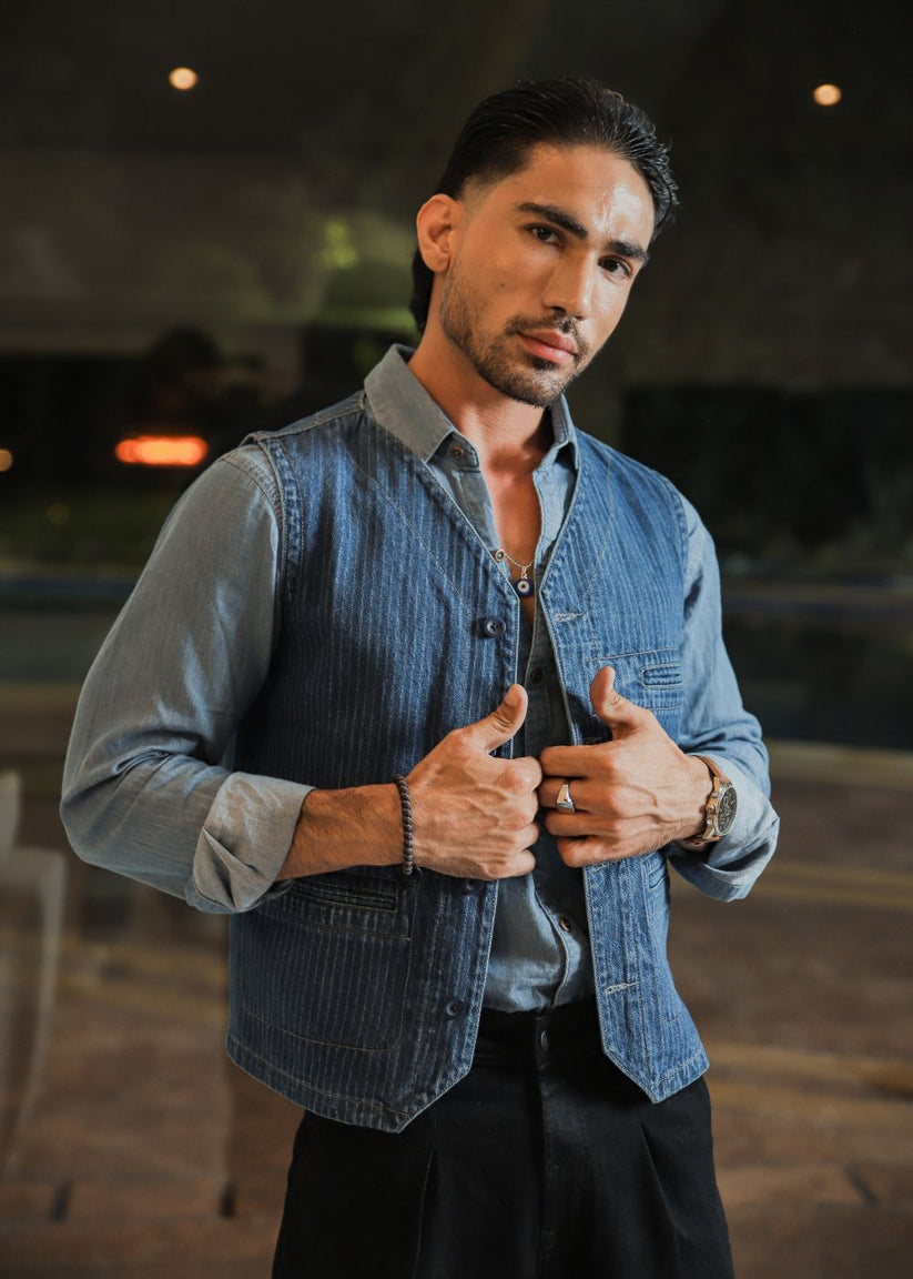 Men's blue striped denim waistcoat with button front