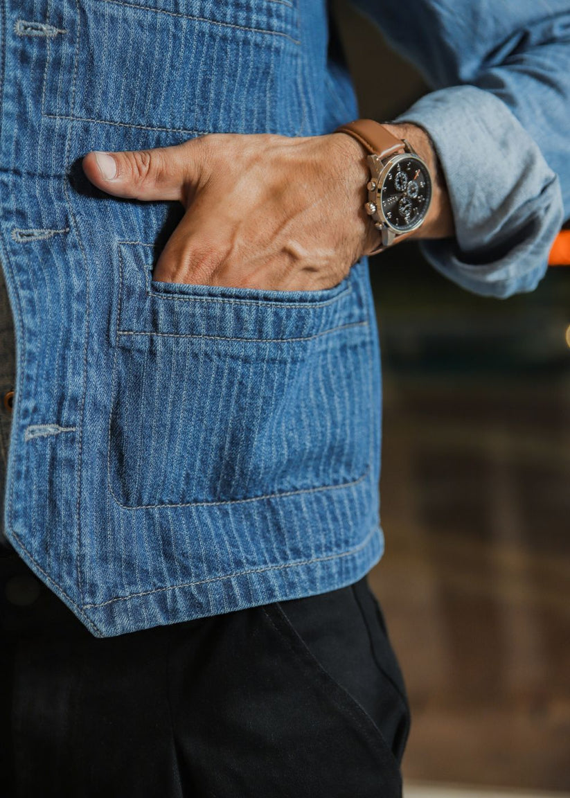 Men's blue striped denim waistcoat with button front