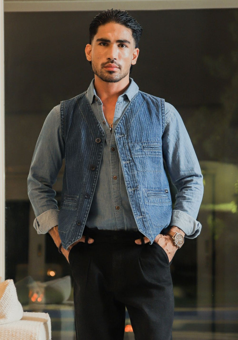 Men's blue striped denim waistcoat with button front