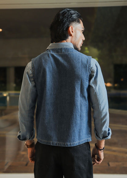 Men's blue striped denim waistcoat with button front