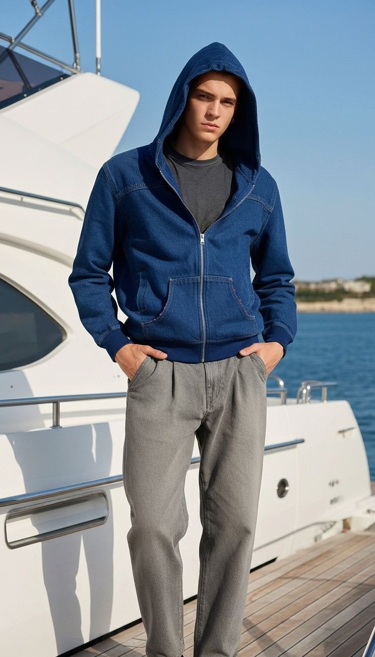 Men's dark blue denim hoodie with front zipper and pockets