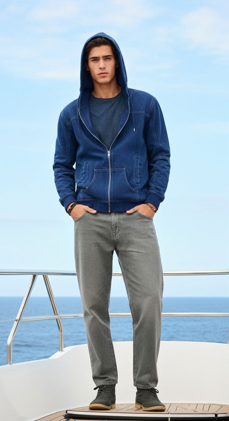 Men's dark blue denim hoodie with front zipper and pockets
