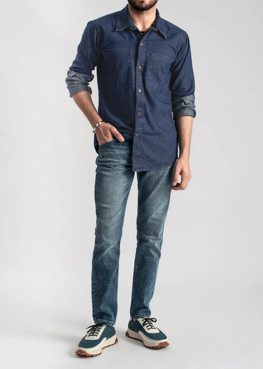 Men's dark blue denim shirt with two chest pockets and utility design