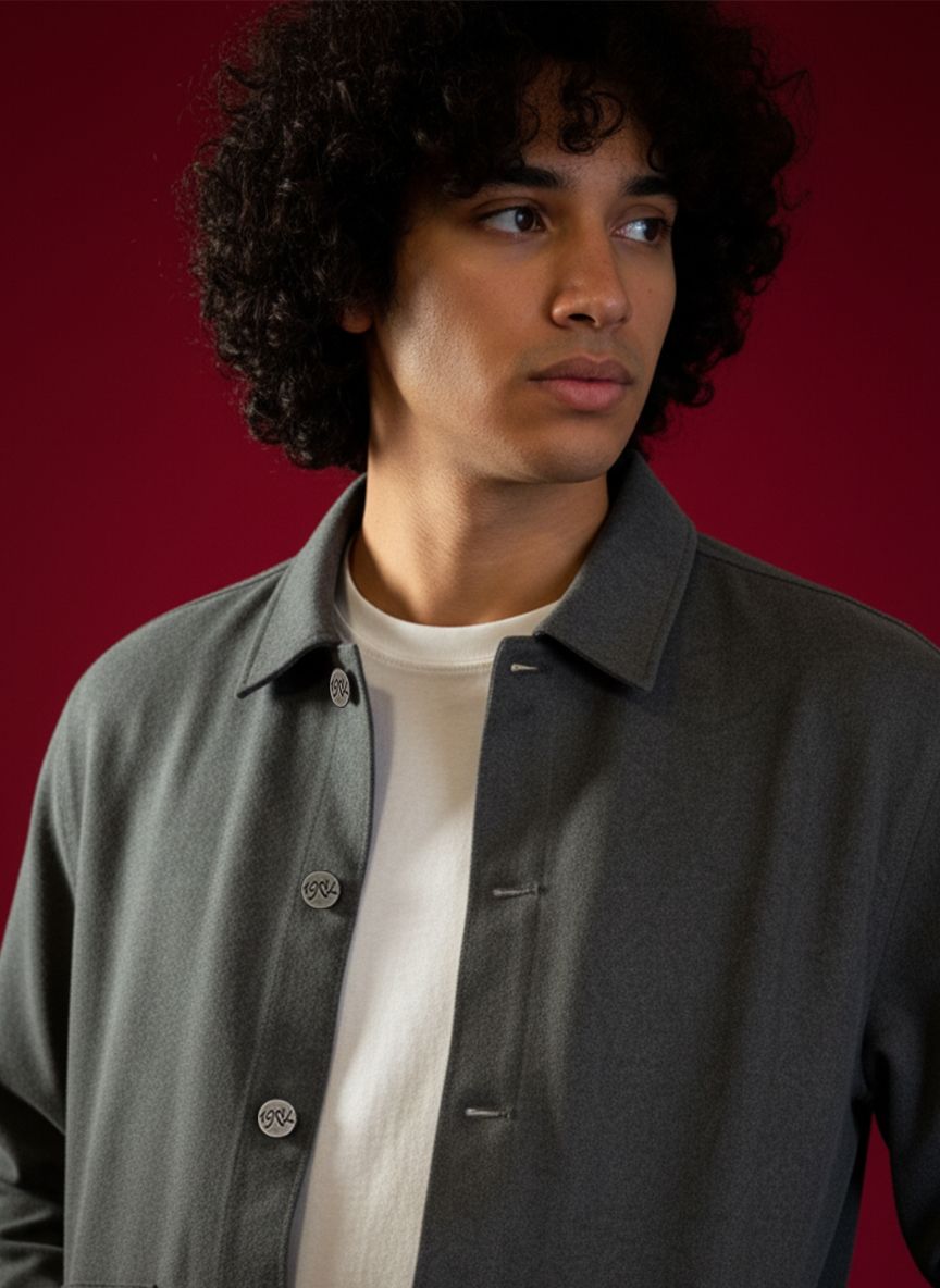 Men's grey denim shacket with button front and chest pockets