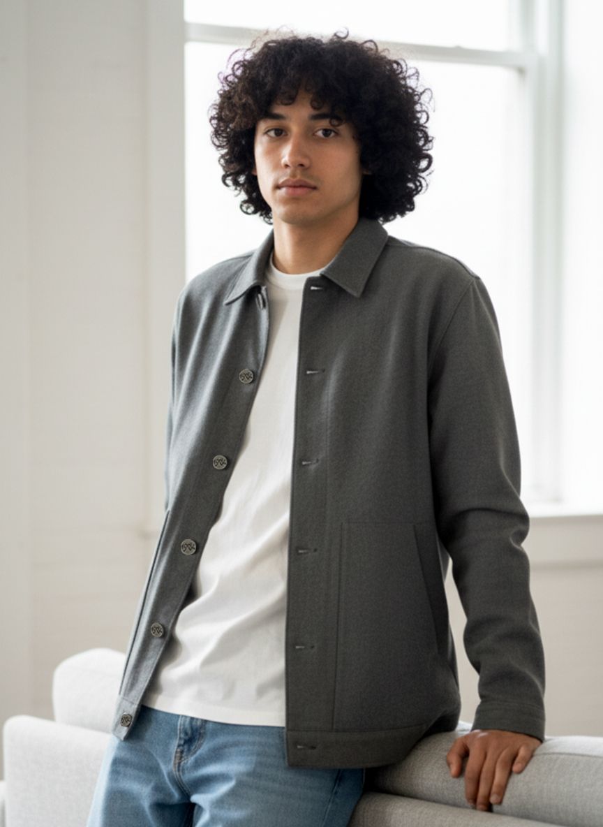 Men's grey denim shacket with button front and chest pockets